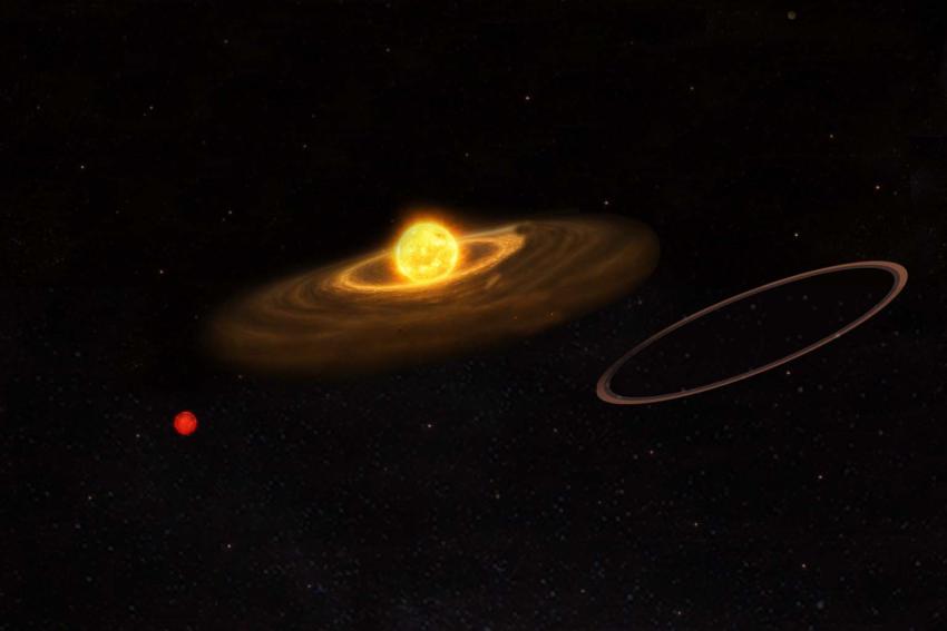 An artist’s impression of ASASSN-24fw after the eclipse is over, where the star is seen shining unobstructed - with its own remnants from possible planetary collisions along with its companion red dwarf star and the dark “saucer”.