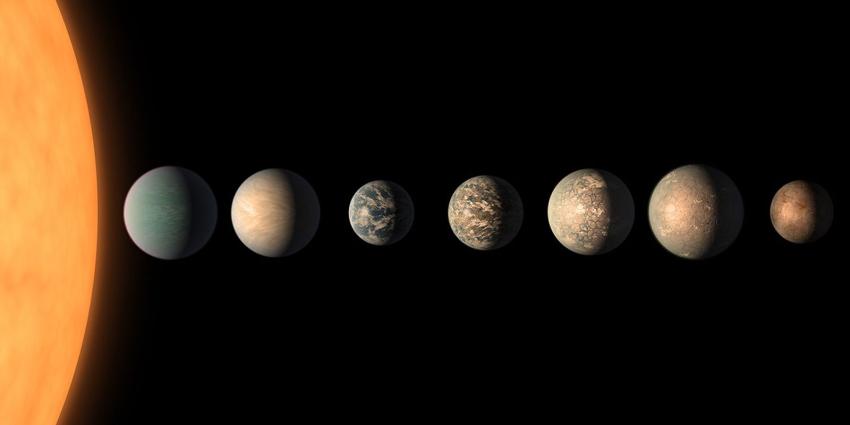 An artist’s impression of what the TRAPPIST-1 planetary system may look like showing (from left to right) TRAPPIST-1 a, b, c, d, e, f, g and h, based on available data about the planets' diameters, masses and distances from the host star. Of these, TRAPPIST-1 d, e, f and g are thought to be the most Earth-like planets.