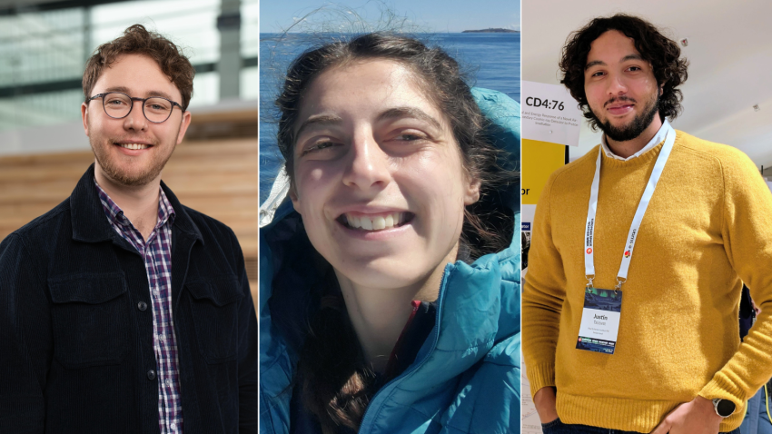 From left, winner of the Michael Penston Thesis Prize for 2025 Dr Thomas Baycroft, winner of the Keith Runcorn Prize Dr Hannah Sanderson and winner of the Patricia Tomkins Thesis Prize Dr Justin Tabbett.