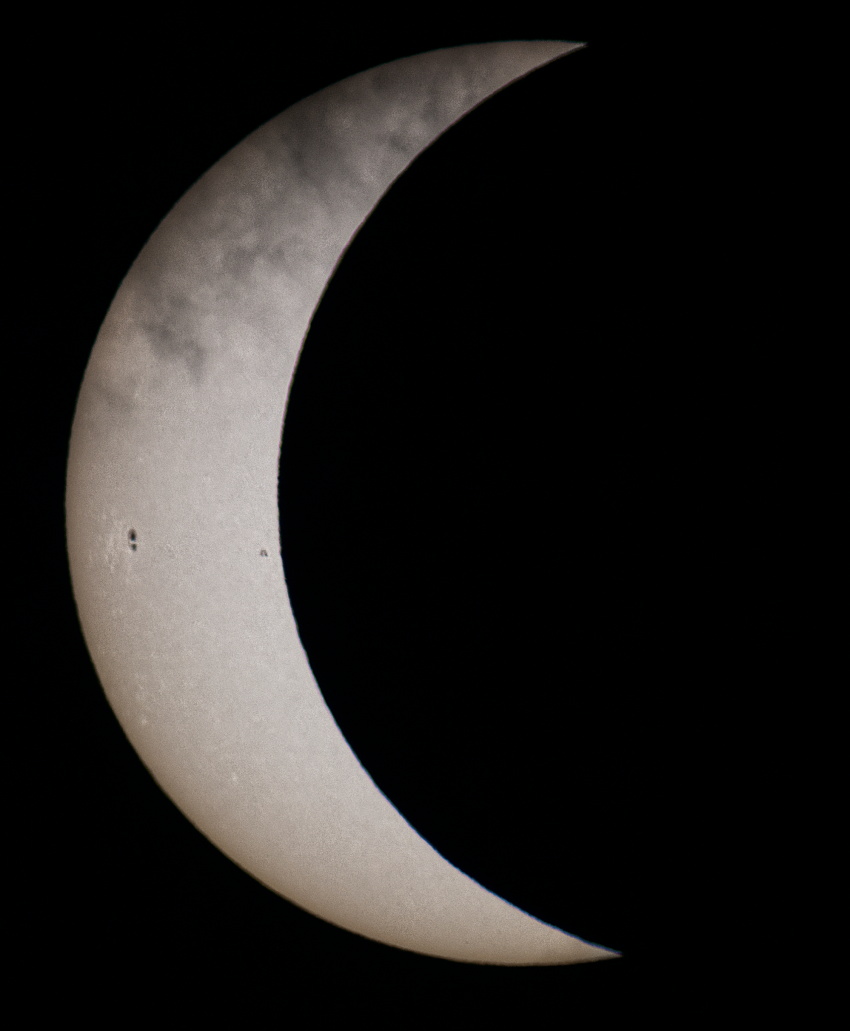 RAS Fellow Dr Keith Moseley took this image of the eclipse with sunspots from&nbsp;Monmouth, Wales using a refractor, a Herschel wedge and a DSLR.
