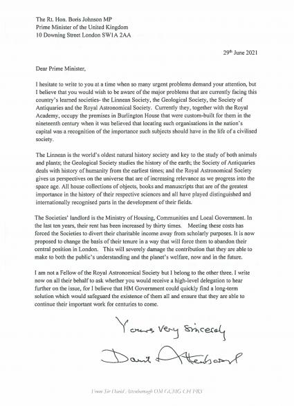 Letter from Sir David Attenborough to Prime Minister Boris Johnson re: Burlington House