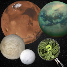 Four celestial objects like Mars and Titan with a magnifying glass looking at microbes.