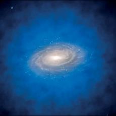 Image of a spiral galaxy surrounded by a blue cloud representing the dark matter halo