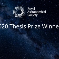 Image of the Milkyway overlaid with the RAS logo and text reading "Thesis Prizes 2020. Winners Announced."