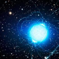 Artist's depiction of a blue neutron star surrounded by plasma tracing magnetic field lines