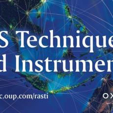 The cover of the first issue of RAS Techniques and Instruments. The background is a blue hued image of the Earth. The foreground features text reading "RAS Techniques and Instruments. academic.oup.com/rasti."