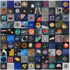 a grid of 100 patchwork squares depicting scenes, objects and people related to astronomy and geophysics. 