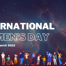 Image of a pink and purple hued nebulous region in space overlaid with the RAS logo in the top right corner. Text in the centre reads "International Women's Day, Tuesday 8 March 2022"