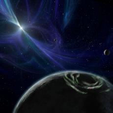 The artist's impression shows a blue and white hued pulsar in the background and a large dark planet in the foreground. 