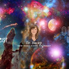 An image of Dr Rebecca Smethurst, aka Dr Becky, on a backdrop of a composite image of different nebulae and galaxies.