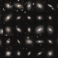 Image shows a grid of 35 different galaxies in ring like shapes, in faint blue colours.