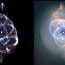 A composite image made of two images. The image on the left is a 3D model of the Cat's Eye Nebula, a nebula made of tendrils of blue and light orange hued gas. The image on the left is an image of the Cat's Eye Nebula in 2D, imaged by the Hubble Space Telescope.