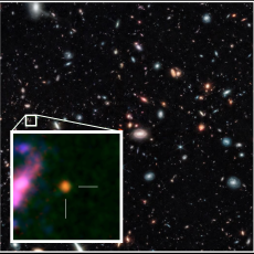 An image of several distant galaxies in space. They appear as small different coloured circles and ovals. An image of the galaxy GHZ2/GLASS-z12 is overlaid on the image. It appears orange in colour and is circular in shape.