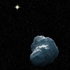 The artist's impression shows a large, grey rocky body in outer space with a bright yellow-white star in the background. Faint stars are also seen in the background.