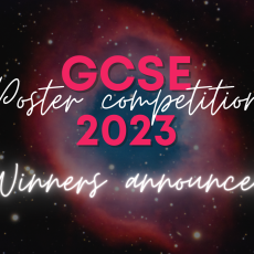Image of the Bubble Nebula overlaid with the RAS logo in the top right corner and text in the centre reading "GCSE Poster Competition 2023 Winners Announced!"