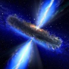 An artist's impression of a disc shaped cloud of dust around a black hole. Two jets coming from either side of the disc appear bright blue and extend towards the outside of the image.