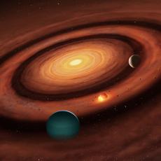 An artist's impression of a planetary system appearing in colours of orange, yellow and brown.