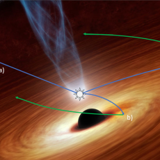 An artist's impression of a black hole, a small black circular object surrounded by an orange disc of gas and material