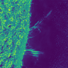 A blue and green image of the Sun generated by AI. Solar prominences are visible.