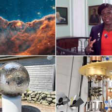 Clockwise, from top left, an image from the James Webb Space Telescope, Dr Maggie Aderin-Pocock, quantum technologies and Luke Jerram's Mirror Moon artwork.