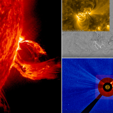 Scientists say it is now possible to predict the precise speed a coronal mass ejection (shown left in an artist's impression) is travelling at and when it will smash into Earth (bottom right moving in our direction) – even before it has fully erupted from the Sun (top right).