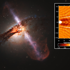 Simulation of a galaxy’s ‘heart and lungs’ at work inset on an artist's impression of bi-polar jets of gas originating from a supermassive black hole at the centre of a galaxy.