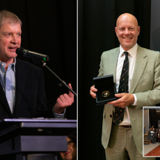 Professor Gilles Chabrier (left) and Professor John-Michael Kendall (right) pick up their Royal Astronomical Society Gold Medals, along with other prize winners (inset).