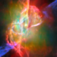 This image, which combines infrared data from the James Webb Space Telescope with submillimetre observations from the Atacama Large Millimetre/submillimetre Array (ALMA), shows the doughnut-shaped torus and interconnected bubbles of dusty gas that surround the Butterfly Nebula’s central star. The torus is oriented vertically and nearly edge-on from our perspective, and it intersects with bubbles of gas enclosing the star. The bubbles appear bright red in this image, illuminated by the light from helium and 