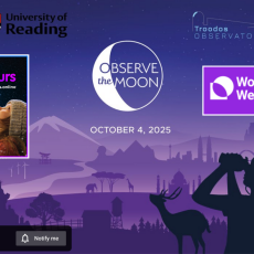Composite image for World Space Week with a purple background and people looking up at the Moon with binoculars.