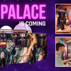 Moon Palace bus with two images from inside the mobile observatory.