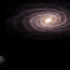 An artist’s impression of the Milky Way, with two of its satellite galaxies – the Large Magellanic Cloud and the Small Magellanic Cloud – in the bottom left.