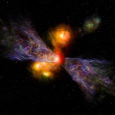 An artist’s impression of the galaxy CRISTAL-02, with a huge plume of cold gas extending away from it. This plume is almost as long as the galaxy itself, which is a telltale sign that gas is being driven out of the galaxy.
