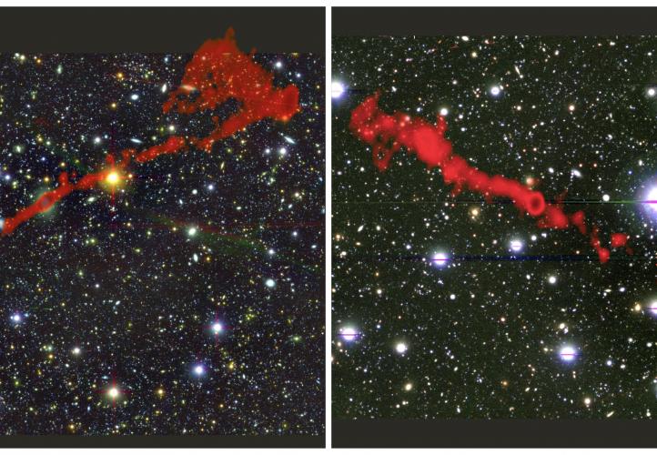 Image of two radio galaxies overlaid on an optical image of the sky.