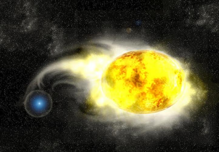 Artist's impression of a small blue star accreting material from its much larger yellow binary companion