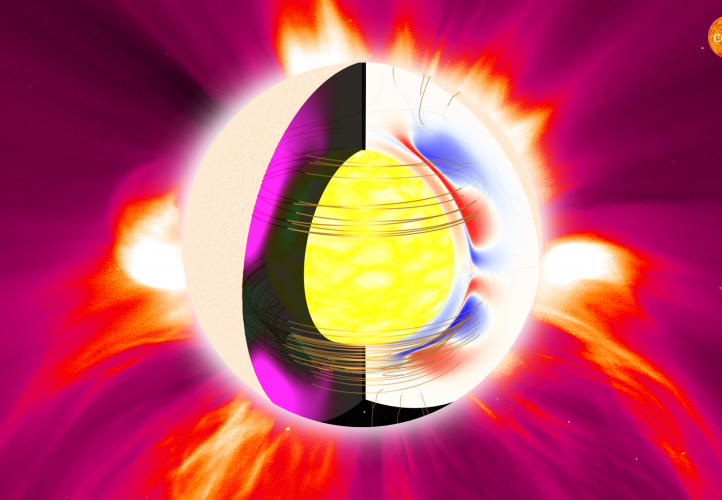 Cutaway of a star showing an artist's impression of a spinning yellow core