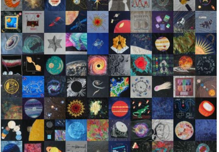 a grid of 100 patchwork squares depicting scenes, objects and people related to astronomy and geophysics. 