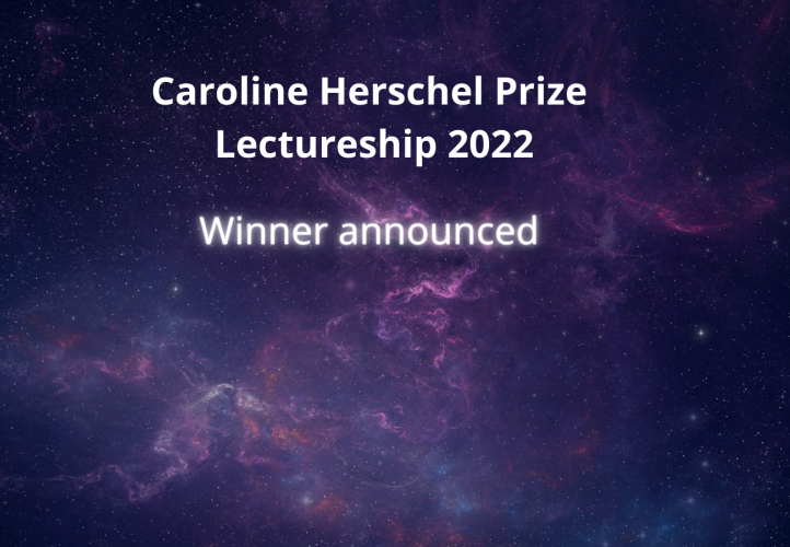 The RAS logo and text reading "Caroline Herschel Prize Lectureship 2022 winner announced"