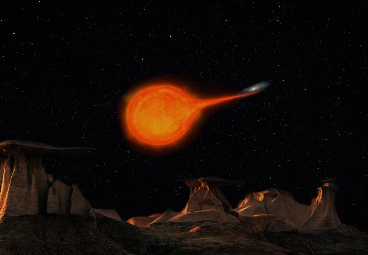 Image shows the surface of a rocky planet in the foreground in the lower half of the picture, a starry sky above with a red dwarf star. Material from the star is being pulled on to a small white dwarf star in a curving path.