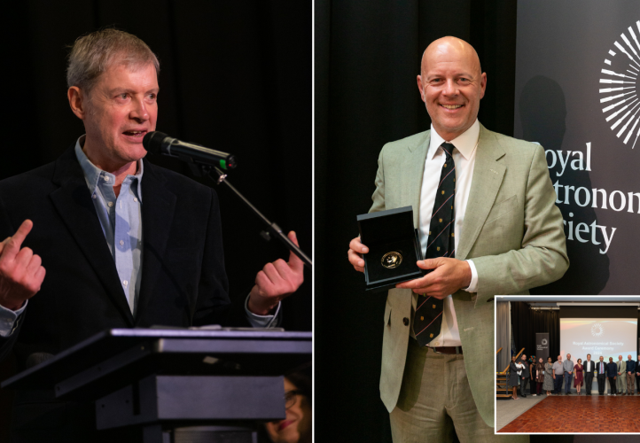 Professor Gilles Chabrier (left) and Professor John-Michael Kendall (right) pick up their Royal Astronomical Society Gold Medals, along with other prize winners (inset).