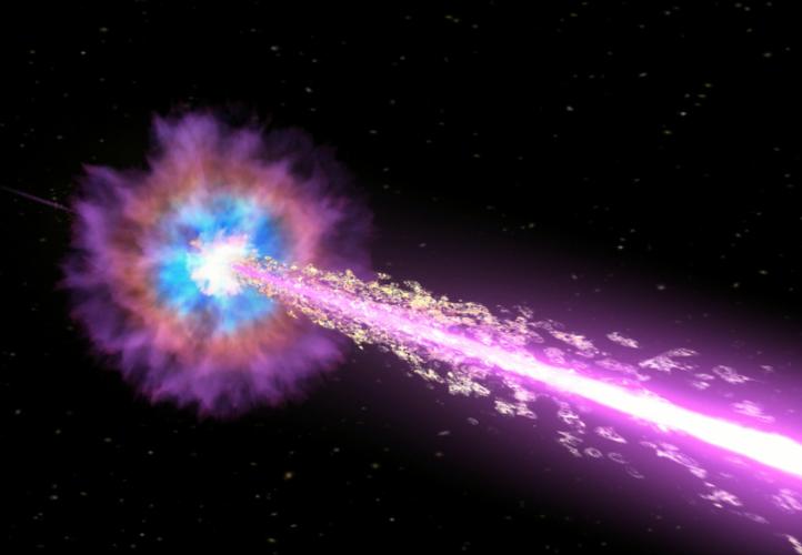 Gamma-ray bursts (like the one depicted in this artist’s impression) are the most violent explosions in the Universe, releasing more energy than the Sun would in 10 billion years.