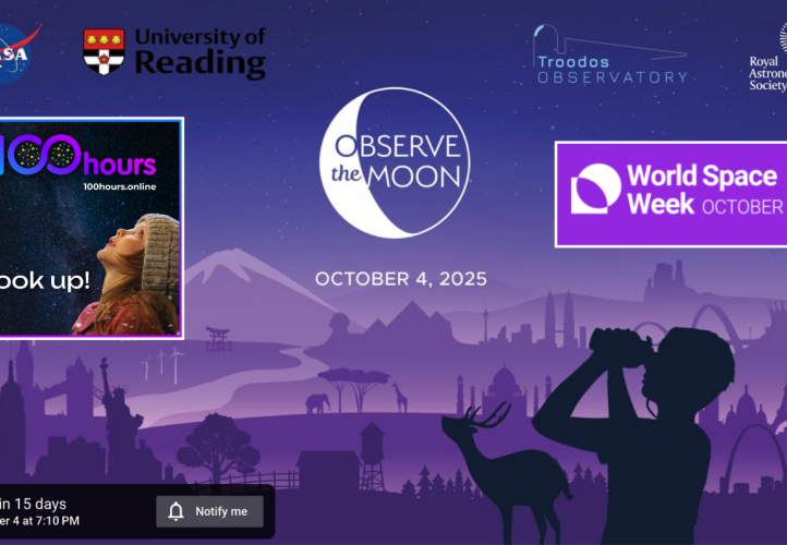 Composite image for World Space Week with a purple background and people looking up at the Moon with binoculars.