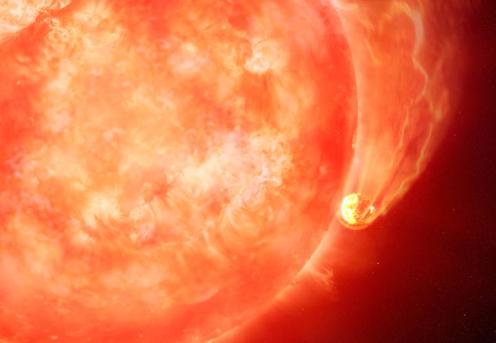 This artist’s impression depicts a dying Sun-like star engulfing an exoplanet. New research published in Monthly Notices of the Royal Astronomical Society suggests that ageing stars may be destroying the giant planets orbiting closest to them.
