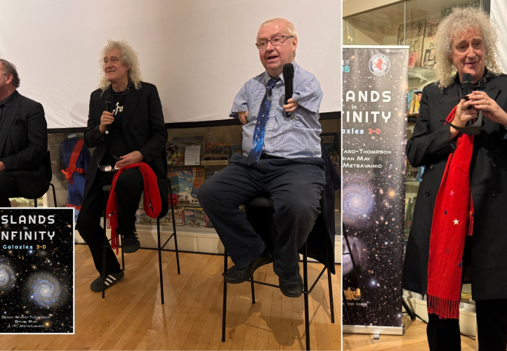 Sir Brian May (right) is joined by RAS Council member Professor Derek Ward-Thompson and J-P Metsavainio for the launch of their new book Islands in Infinity: Galaxies 3-D.