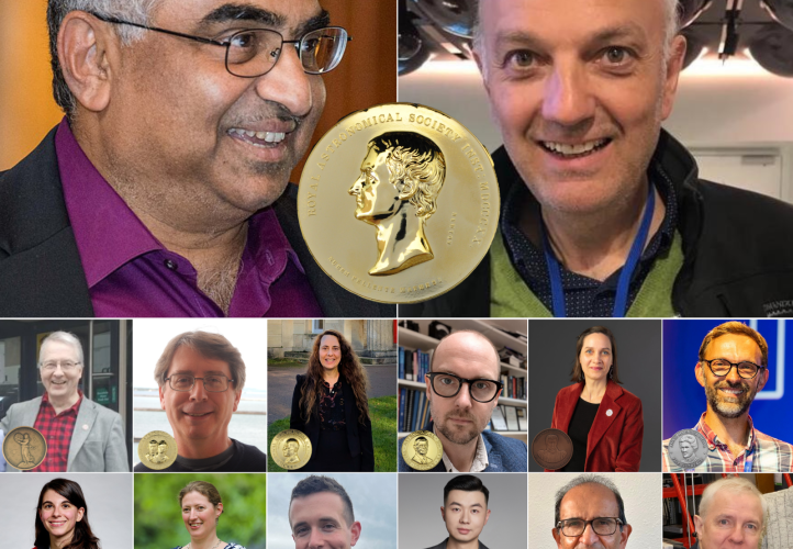 The Royal Astronomical Society's 2026 award winners include Professor Shrinivas Kulkarni (top left), of California Institute of Technology, and Professor Andrew Jackson, of ETH Zürich (top right), who have each been awarded the Society's Gold Medal (inset top). Other winners include, from left by row, Jackson-Gwilt Medal winner Professor Alistair Glasse, Eddington Medal winner Professor Debora Šijački, Chapman Medal winner Professor Mathew Owens, Herschel Medal winner Professor Andrew Bunker, Agnes Mary Cle
