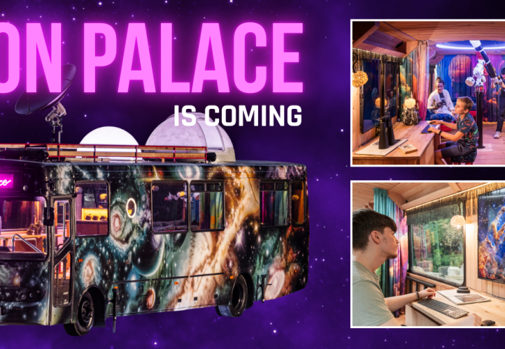 Moon Palace bus with two images from inside the mobile observatory.