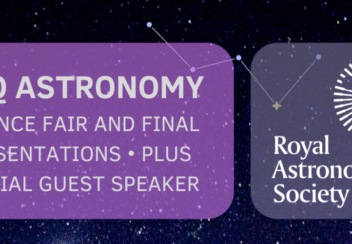 Space background with floating coloured squares with text inside and the RAS logo