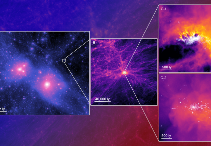 (A) A dark matter map in our neighbourhood of the universe. The two large densities are dark matter halos of the Milky Way and Andromeda galaxy; (B) Zoomed-in on the dark matter map, showing a small dark matter clump ~700 million years after the Big Bang; (C-1 and C-2) stars and gas in the simulated ultra-faint dwarf galaxy, formed in the centre of the small dark matter halo in panel B. The two panels show two different radiation levels shortly after the Big Bang. It reveals how the ultra-faint dwarf galaxy