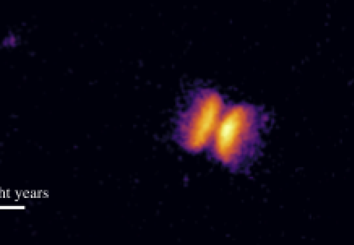 Image from HST showing the bipolar outflow of material ejected by the helium nova V445 Puppis. The progenitor binary star system is just about visible in the centre of the outflow. Also visible are the 'bullets' of gas that were shot out at either end of the outflow. Image taken in 2013 with the F502N filter on Hubble’s Wide Field Camera 3.