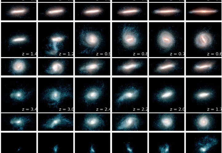 Halo 18 is an example of a galaxy that had a head-on collision (see the panel at z=1.2) and had a disc flip (you can see this by comparing the disc orientation at z=1.4 and z=0). This image and Image 2 show how these two exemplary galaxies evolve with time: each panel corresponds to a different time defined by redshift (z). Redshift is a quantity used by astronomers to measure the time in the universe, with z=0 corresponding to the present day, and larger z corresponding to earlier times. Each z has two pan