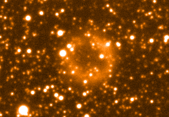 This image captures the ancient planetary nebula ejected by Sakurai's Object when the star died for the first time. The star itself is not visible, as it was captured before it began brightening again.